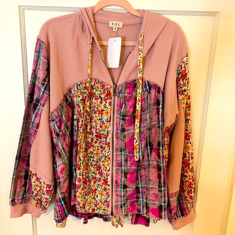 NWT POL Brand Floral and Pink Waffle Print Zip Up Hoodie